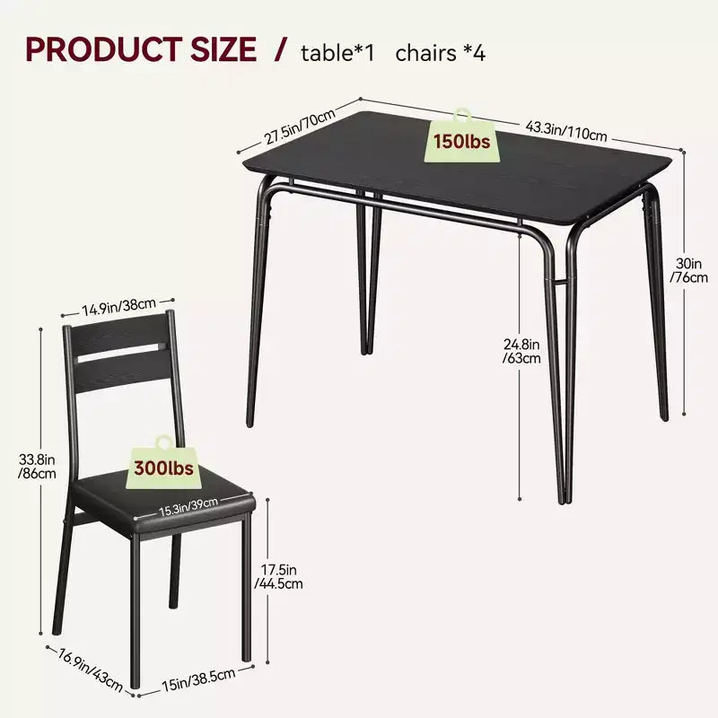 Ensemble de table à manger pour 4 personnes avec plateau rectangulaire en bois et chaises rembourrées, service de 5 pièces pour cuisine et salle à manger pour petits espaces, appartement