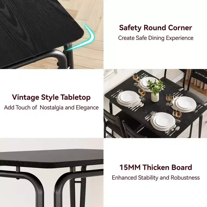 Ensemble de table à manger pour 4 personnes avec plateau rectangulaire en bois et chaises rembourrées, service de 5 pièces pour cuisine et salle à manger pour petits espaces, appartement