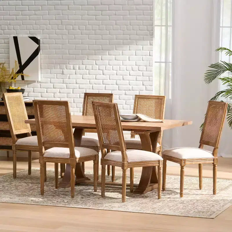 Christopher Knight Home Pampas Ensemble de salle à manger extensible 7 pièces en tissu et rotin style rustique français