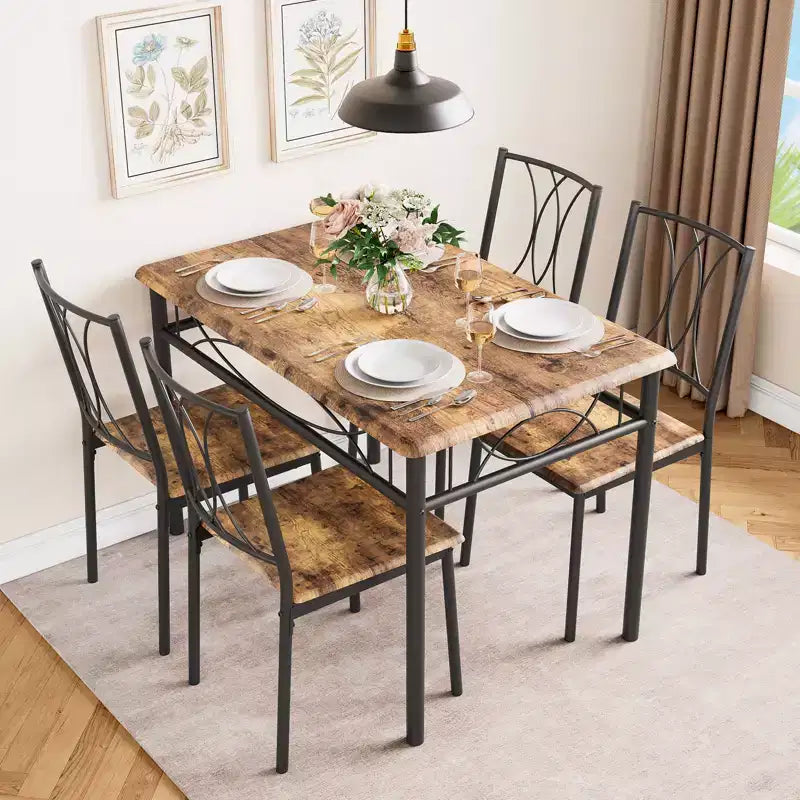 Table et chaises de cuisine, Ensemble de table à manger pour 4 avec chaises, Table à manger rectangulaire en métal et bois pour petits espaces, Appartement