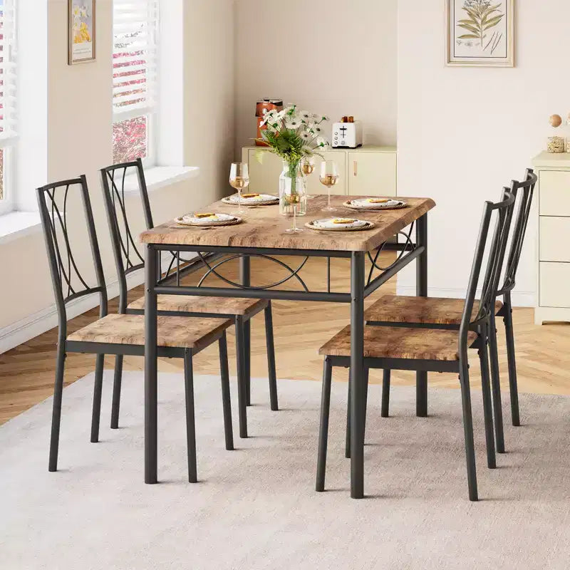Table et chaises de cuisine, Ensemble de table à manger pour 4 avec chaises, Table à manger rectangulaire en métal et bois pour petits espaces, Appartement