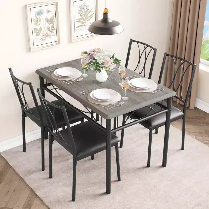Table et chaises de cuisine, Ensemble de table à manger pour 4 avec chaises, Table à manger rectangulaire en métal et bois pour petits espaces, Appartement