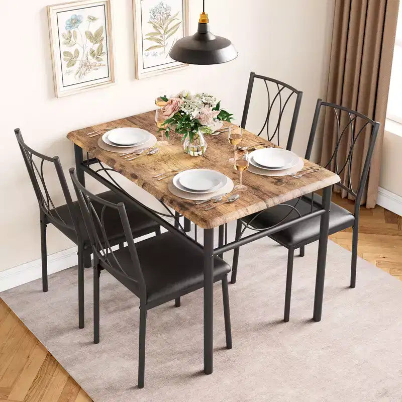Table et chaises de cuisine, Ensemble de table à manger pour 4 avec chaises, Table à manger rectangulaire en métal et bois pour petits espaces, Appartement