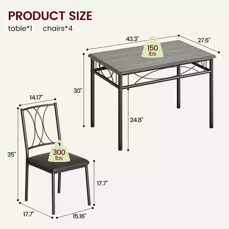Table et chaises de cuisine, Ensemble de table à manger pour 4 avec chaises, Table à manger rectangulaire en métal et bois pour petits espaces, Appartement