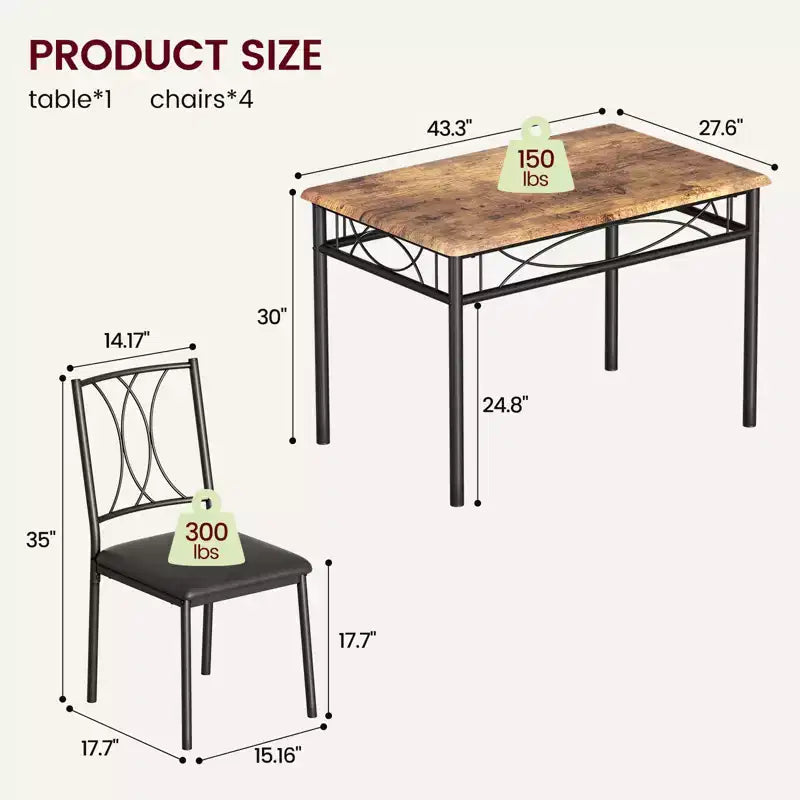 Table et chaises de cuisine, Ensemble de table à manger pour 4 avec chaises, Table à manger rectangulaire en métal et bois pour petits espaces, Appartement