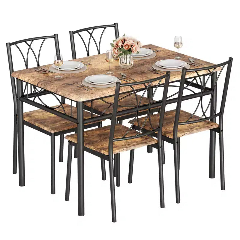 Table et chaises de cuisine, Ensemble de table à manger pour 4 avec chaises, Table à manger rectangulaire en métal et bois pour petits espaces, Appartement