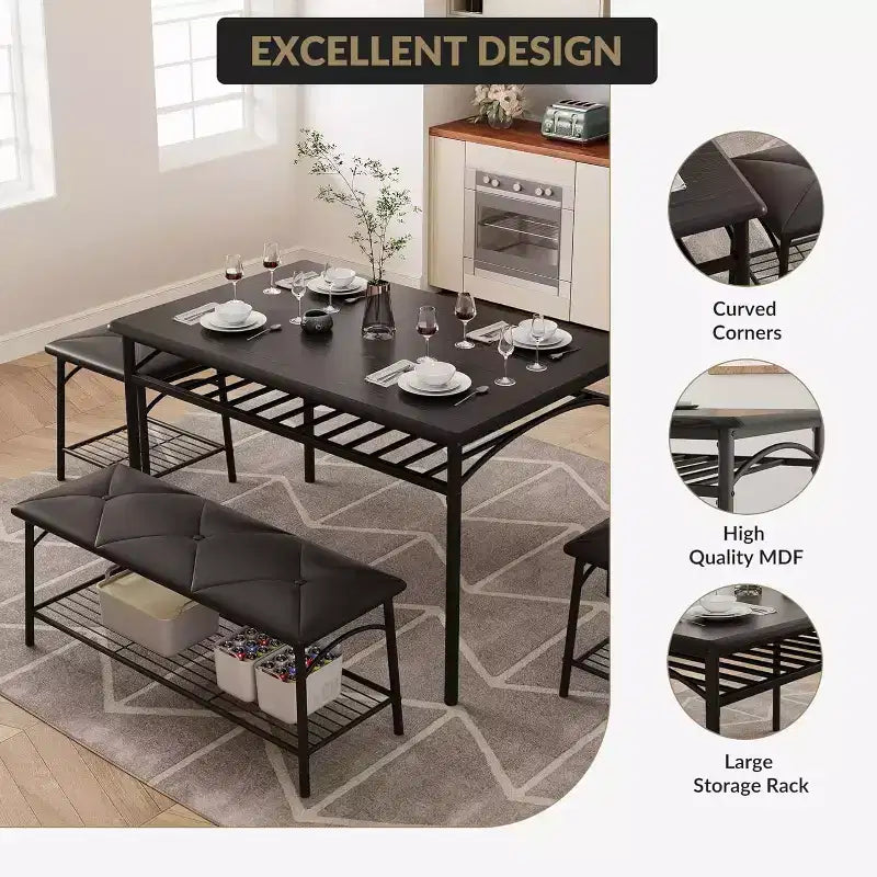 Ensemble de table à manger pour 4 avec étagère de rangement, table de cuisine avec banc rembourré et 2 chaises, ensemble de table et chaises de cuisine pour petit espace, appartement