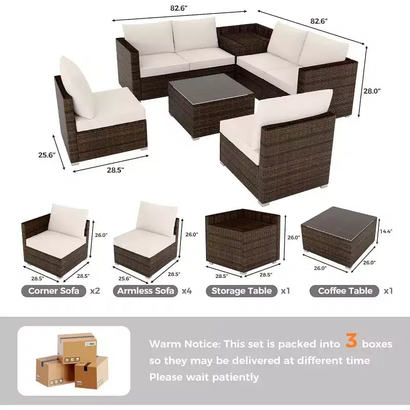 Ensemble de patio extérieur multifonctionnel de 8 pièces, canapé sectionnel en rotin PE avec table basse et coffre de rangement, marron et beige