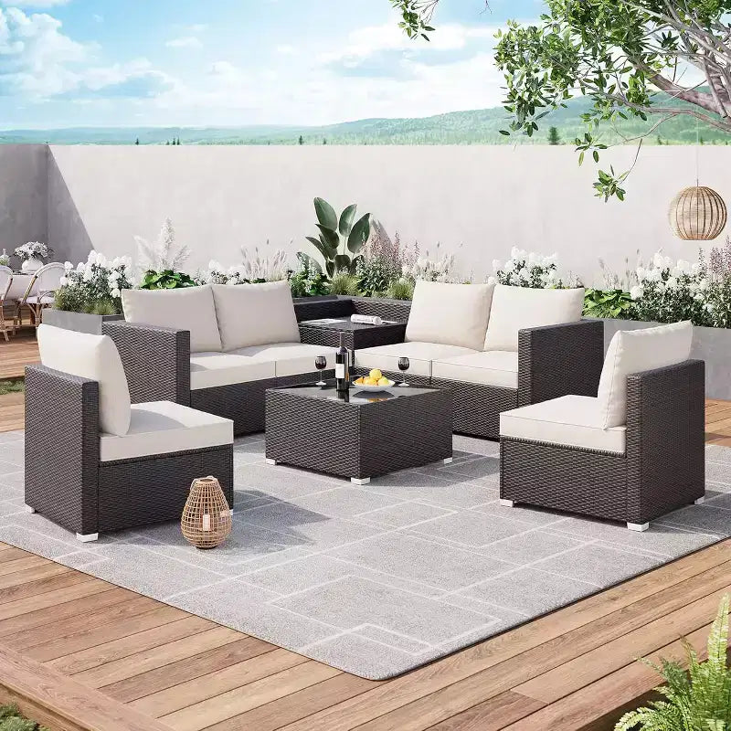 Ensemble de patio extérieur multifonctionnel de 8 pièces, canapé sectionnel en rotin PE avec table basse et coffre de rangement, marron et beige