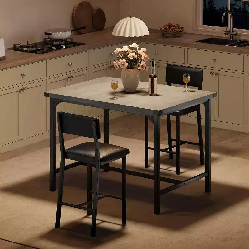 Ensemble de salle à manger Acekool 5 pièces hauteur comptoir avec repose-pieds et protection d'angle, 4 tabourets rembourrés avec dossier, peu encombrant, marron rustique