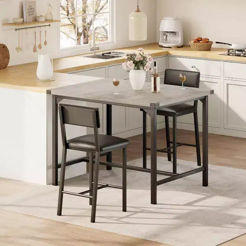 Ensemble de salle à manger Acekool 5 pièces hauteur comptoir avec repose-pieds et protection d'angle, 4 tabourets rembourrés avec dossier, peu encombrant, marron rustique