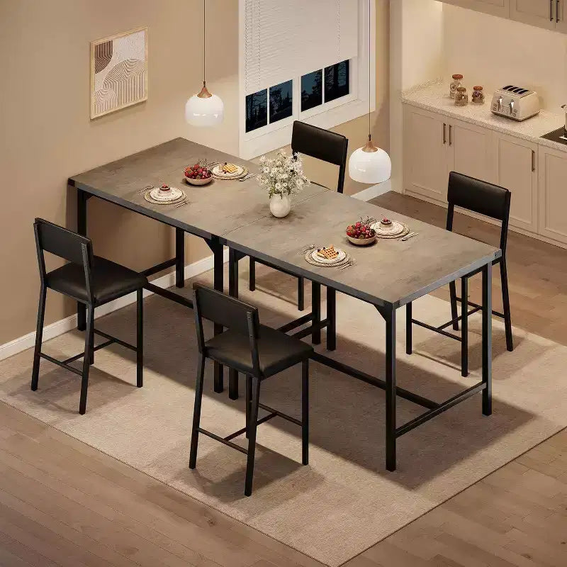 Ensemble de salle à manger Acekool 5 pièces hauteur comptoir avec repose-pieds et protection d'angle, 4 tabourets rembourrés avec dossier, peu encombrant, marron rustique