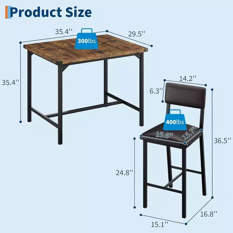 Ensemble de salle à manger Acekool 5 pièces hauteur comptoir avec repose-pieds et protection d'angle, 4 tabourets rembourrés avec dossier, peu encombrant, marron rustique