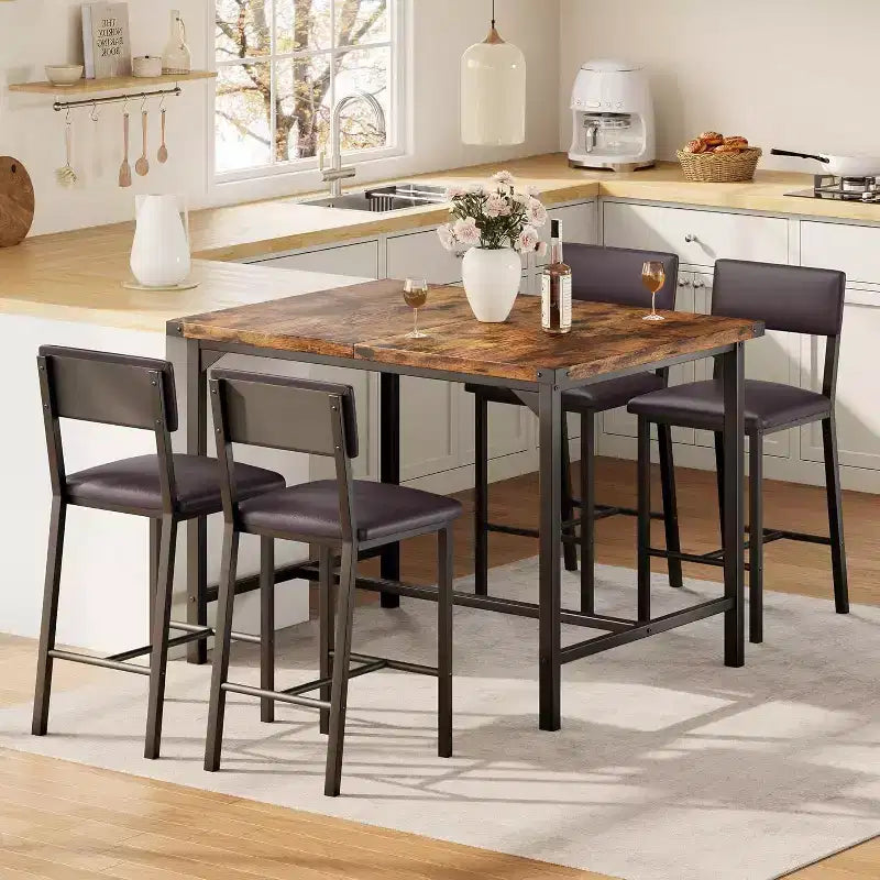 Ensemble de salle à manger Acekool 5 pièces hauteur comptoir avec repose-pieds et protection d'angle, 4 tabourets rembourrés avec dossier, peu encombrant, marron rustique