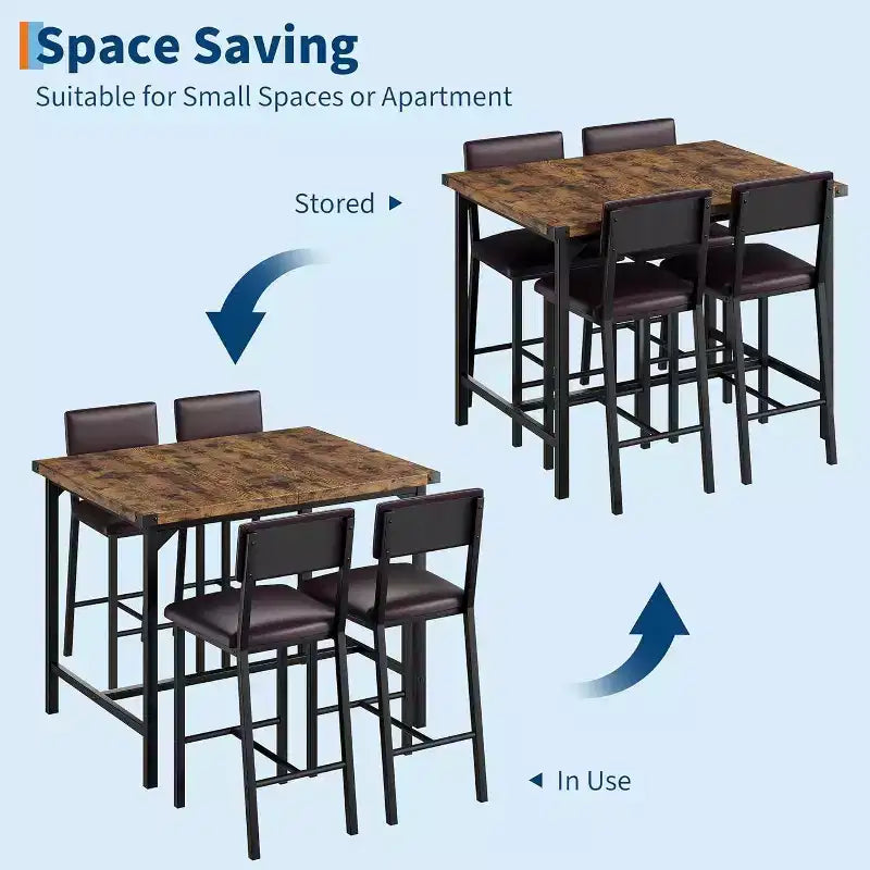 Ensemble de salle à manger Acekool 5 pièces hauteur comptoir avec repose-pieds et protection d'angle, 4 tabourets rembourrés avec dossier, peu encombrant, marron rustique