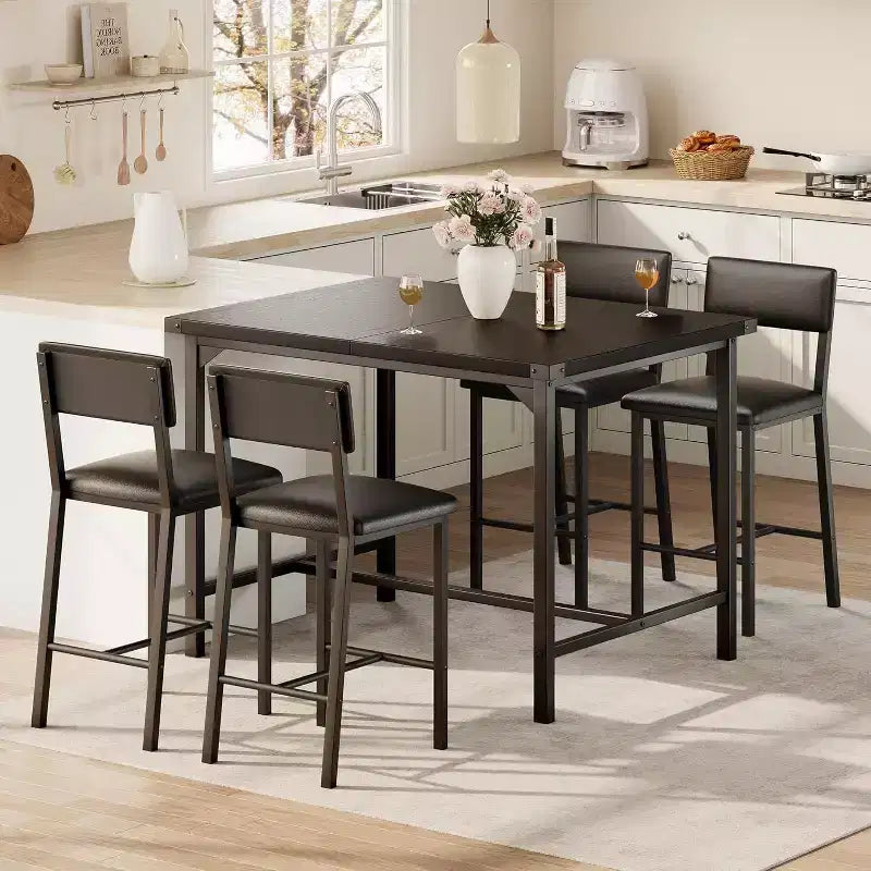 Ensemble de salle à manger Acekool 5 pièces hauteur comptoir avec repose-pieds et protection d'angle, 4 tabourets rembourrés avec dossier, peu encombrant, marron rustique
