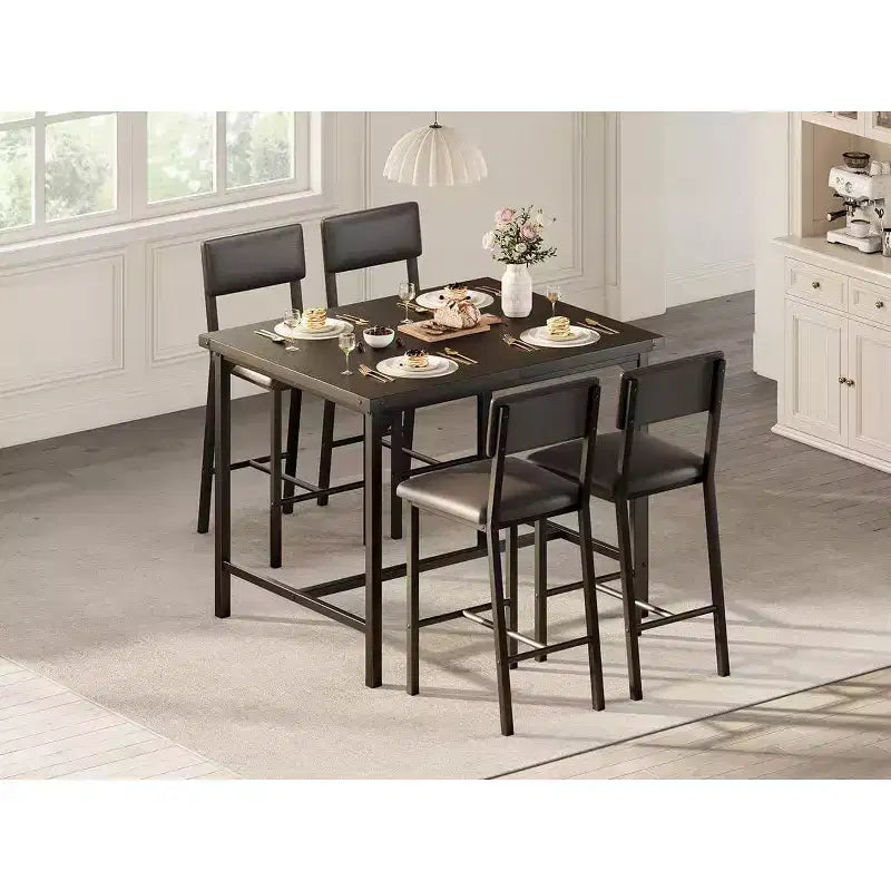 Ensemble de salle à manger Acekool 5 pièces hauteur comptoir avec repose-pieds et protection d'angle, 4 tabourets rembourrés avec dossier, peu encombrant, marron rustique