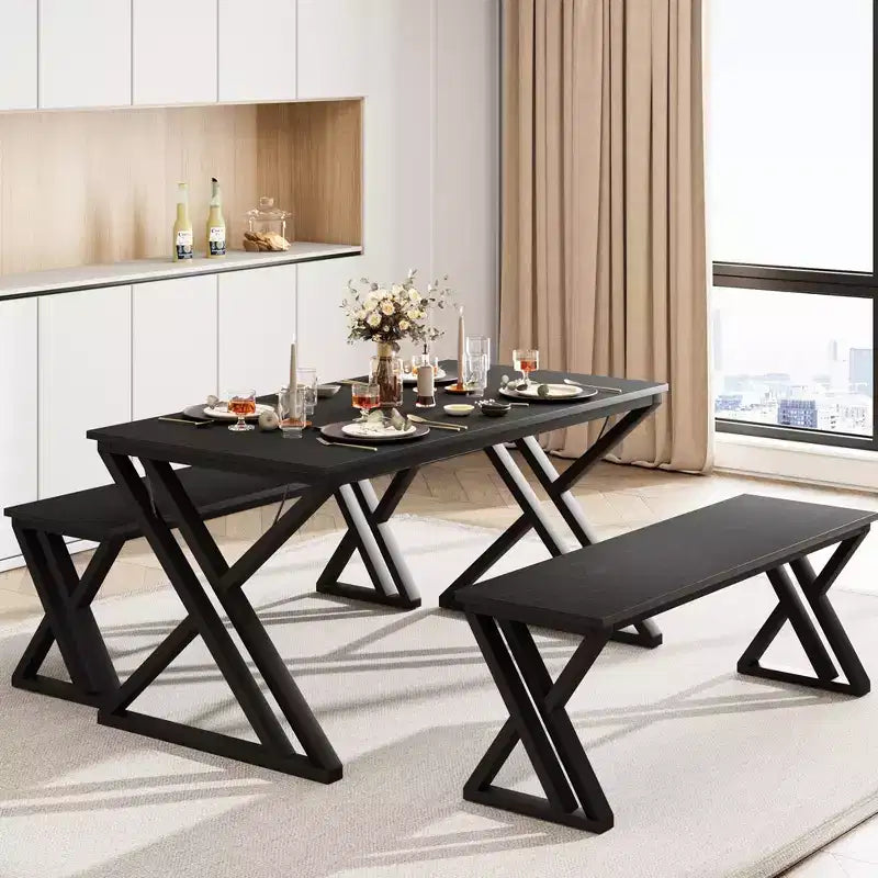 Kitchen Dining Set with Benches, 44.8 Kitchen Table Set for 4, Sturdy Metal Kitchen Table Set with X Metal Frame
