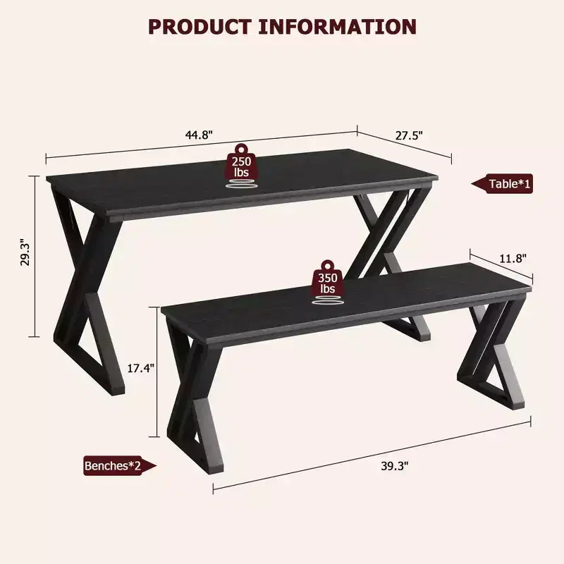 Ensemble de salle à manger avec bancs, table de cuisine de 44,8 po pour 4 personnes, ensemble de table de cuisine robuste en métal avec cadre en X en métal