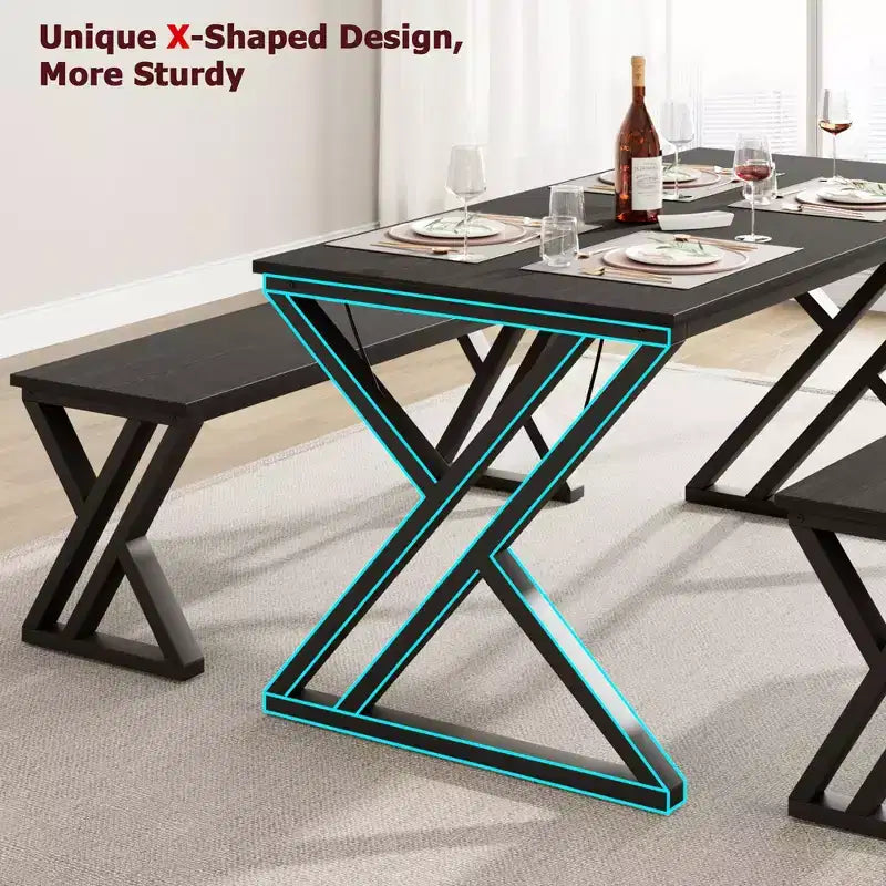 Ensemble de salle à manger avec bancs, table de cuisine de 44,8 po pour 4 personnes, ensemble de table de cuisine robuste en métal avec cadre en X en métal