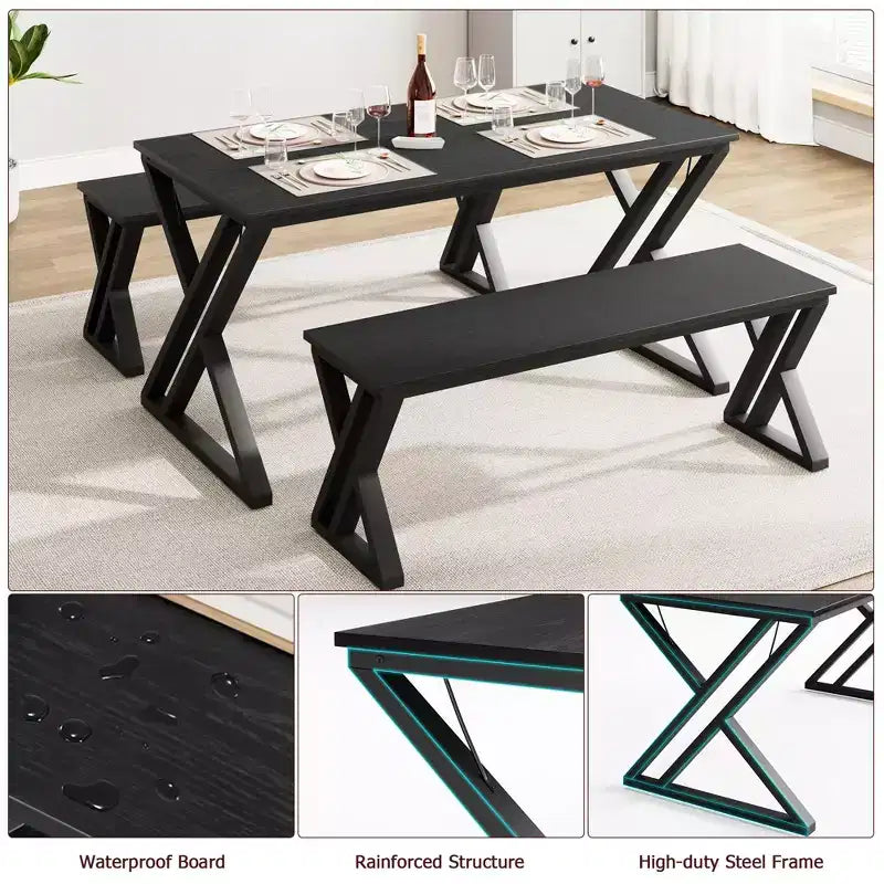 Ensemble de salle à manger avec bancs, table de cuisine de 44,8 po pour 4 personnes, ensemble de table de cuisine robuste en métal avec cadre en X en métal