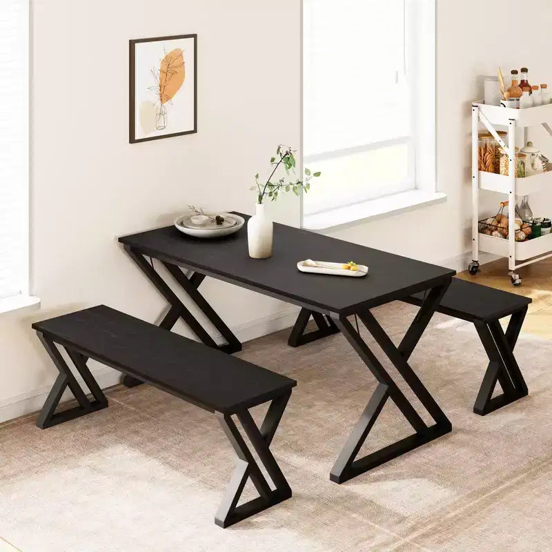 Ensemble de salle à manger avec bancs, table de cuisine de 44,8 po pour 4 personnes, ensemble de table de cuisine robuste en métal avec cadre en X en métal