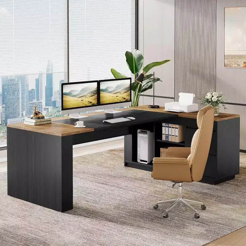 Bureau de direction en L Lantine 78 avec tiroirs, bureau informatique avec armoire, poste de travail pour mobilier de bureau à domicile