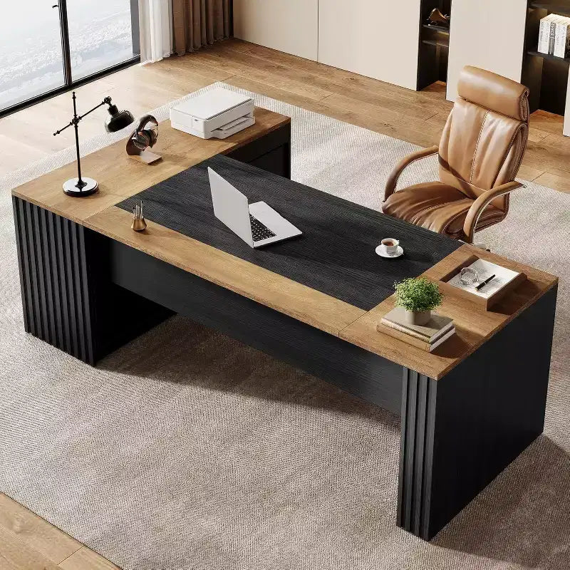 Bureau de direction en L Lantine 78 avec tiroirs, bureau informatique avec armoire, poste de travail pour mobilier de bureau à domicile