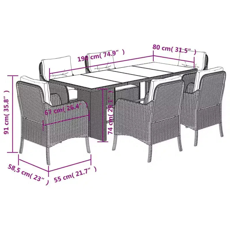 vidaXL Salon de jardin 7 pièces en résine tressée grise avec coussins bleus et table en verre trempé