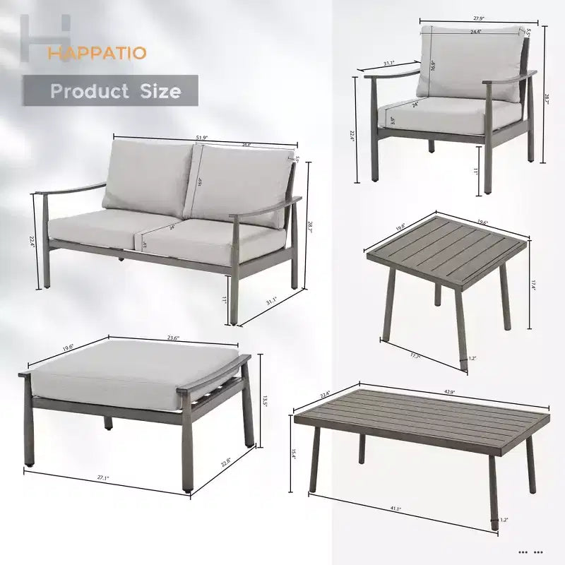 HAPPATIO Ensemble de conversation d'extérieur 7 pièces en aluminium comprenant 1 causeuse, une table basse, une table d'appoint, 2 fauteuils et des poufs
