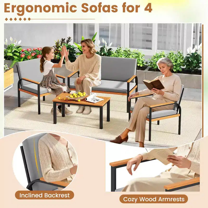 Costway Ensemble de Meubles de Patio 8 Pièces avec Table Basse, Causeuse et 4 Chaises Simples pour Porche Noir/Gris