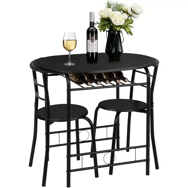 Ensemble de salle à manger 3 pièces VINGLI pour 2 personnes, table de cuisine en bois et 2 chaises pour petits espaces, cadre en métal, porte-bouteilles, noir