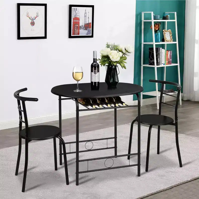 Ensemble de salle à manger 3 pièces VINGLI pour 2 personnes, table de cuisine en bois et 2 chaises pour petits espaces, cadre en métal, porte-bouteilles, noir