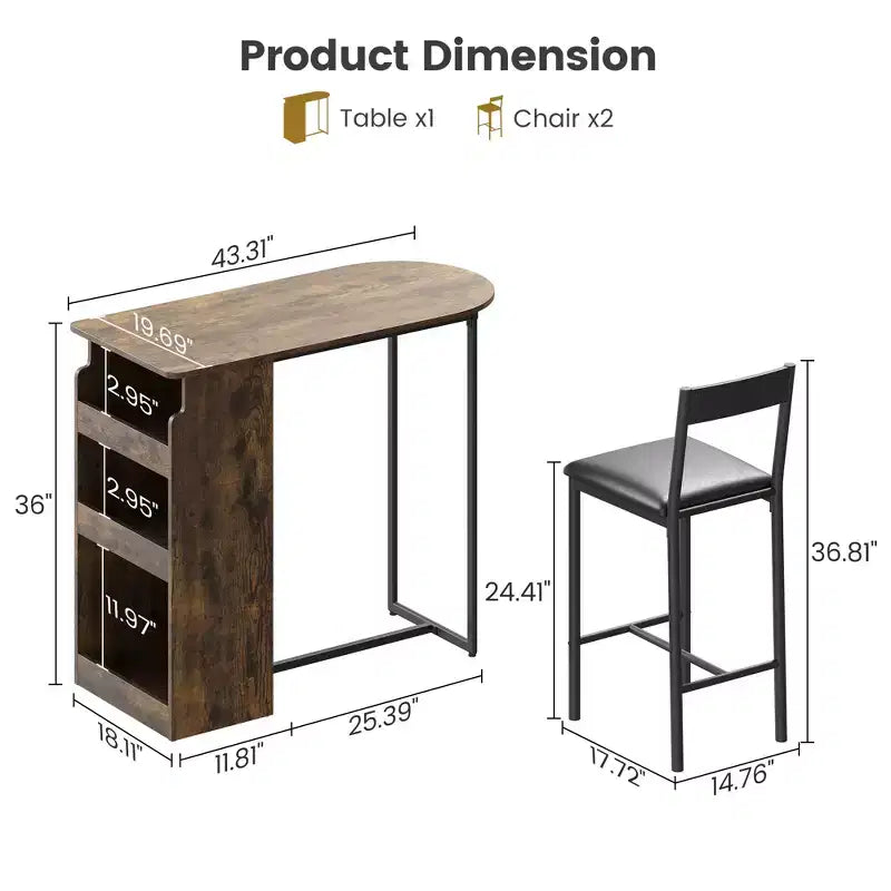 Ensemble de bar 3 pièces pour 2 personnes, table de cuisine hauteur comptoir avec 2 tabourets et étagères de rangement, ensemble table et et chaises de pub pour cuisine salon