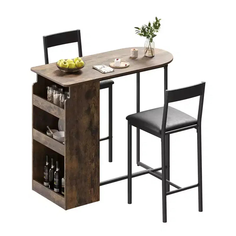 Ensemble de bar 3 pièces pour 2 personnes, table de cuisine hauteur comptoir avec 2 tabourets et étagères de rangement, ensemble table et et chaises de pub pour cuisine salon