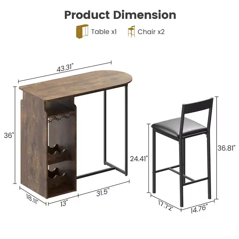 Ensemble de table de bar 3 pièces pour 2 personnes, table de cuisine hauteur comptoir avec 2 tabourets, étagères de rangement et porte-bouteilles, ensemble table et chaises de bar pour cuisine