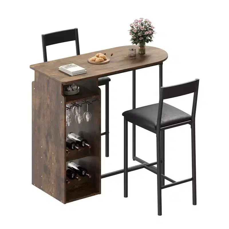 Ensemble de table de bar 3 pièces pour 2 personnes, table de cuisine hauteur comptoir avec 2 tabourets, étagères de rangement et porte-bouteilles, ensemble table et chaises de bar pour cuisine