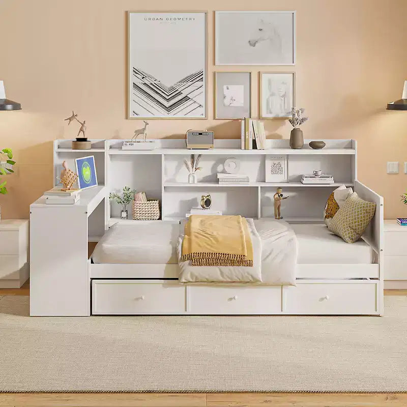 Lit de repos double/grand avec 3 tiroirs, ports USB et bureau