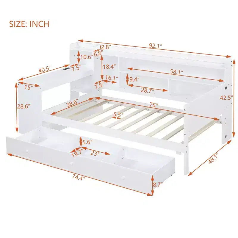 Lit de repos double/grand avec 3 tiroirs, ports USB et bureau