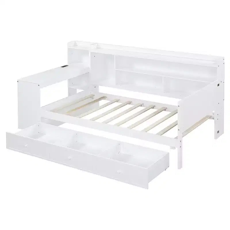 Lit de repos double/grand avec 3 tiroirs, ports USB et bureau