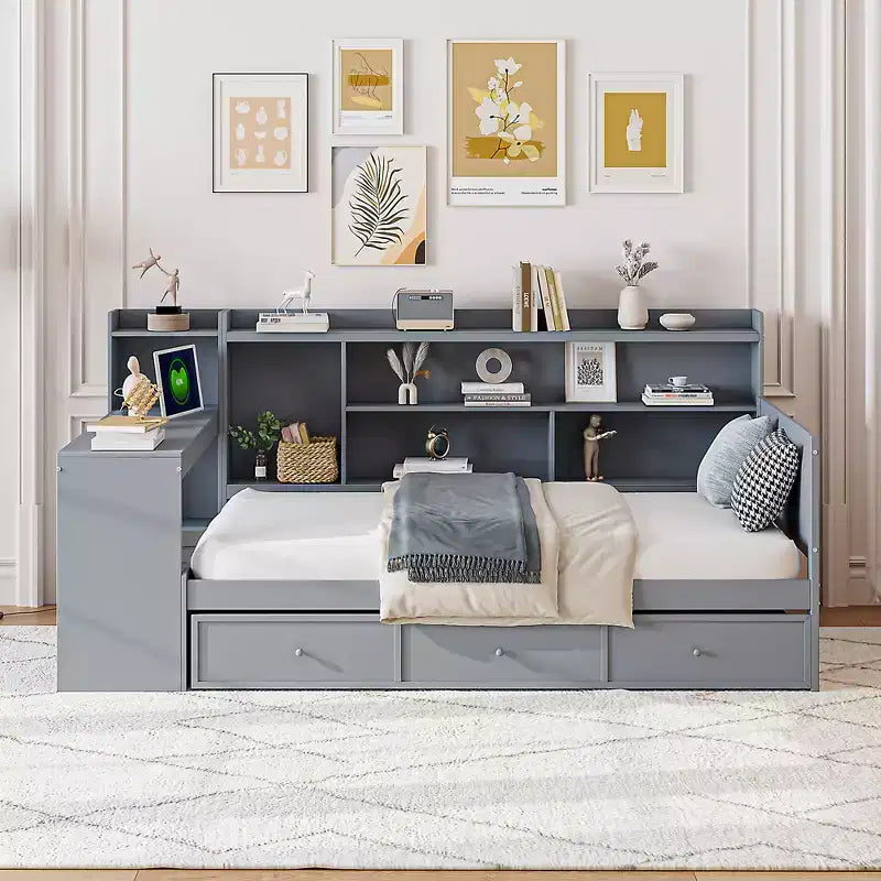 Lit de repos double/grand avec 3 tiroirs, ports USB et bureau