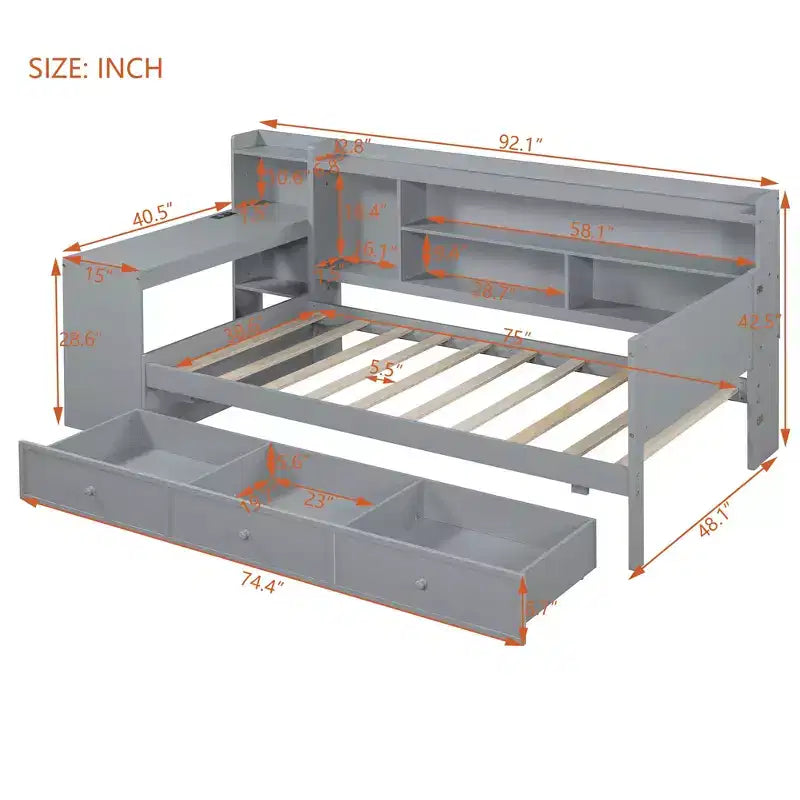 Lit de repos double/grand avec 3 tiroirs, ports USB et bureau
