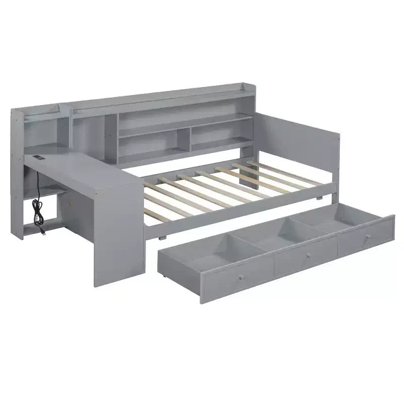 Lit de repos double/grand avec 3 tiroirs, ports USB et bureau