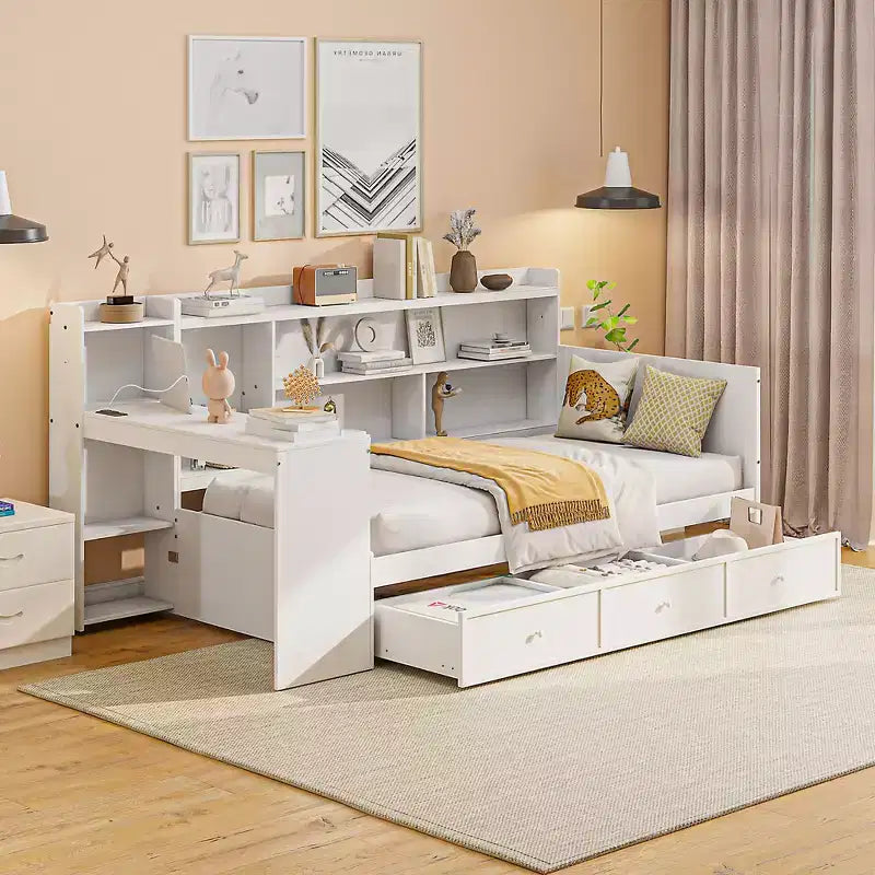 Lit de repos double/grand avec 3 tiroirs, ports USB et bureau