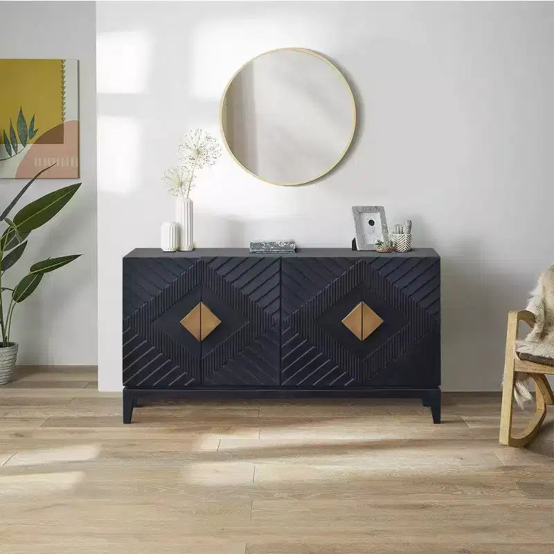 Royal Hampton 55 Inch Sideboard Buffet Console with 2 Door Cabinet, Brass Coated Diamond Cut Handles