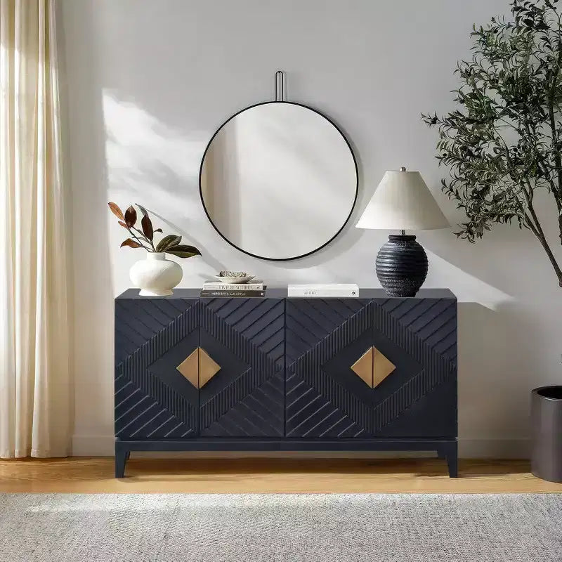 Buffet console de 55 pouces avec armoire à porte, poignées en laiton taillées en forme de diamant