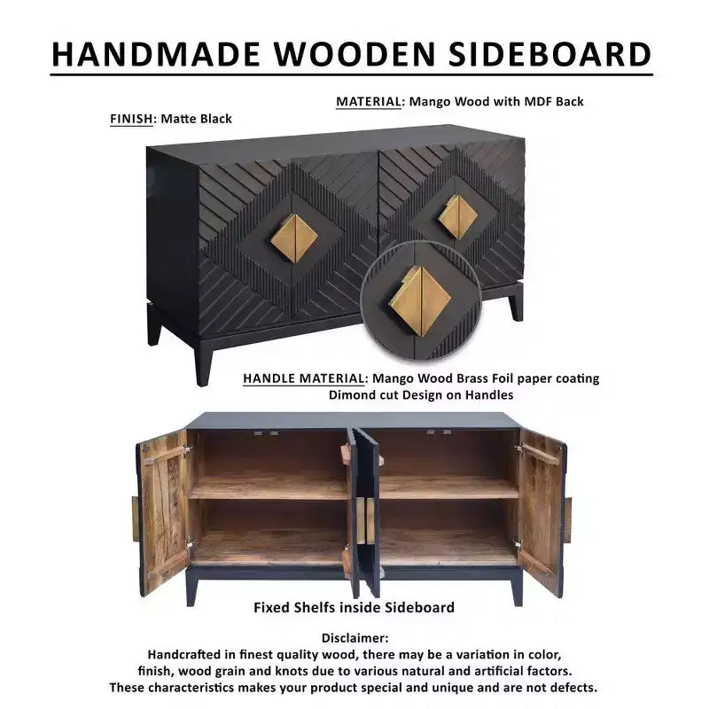 Buffet console de 55 pouces avec armoire à porte, poignées en laiton taillées en forme de diamant