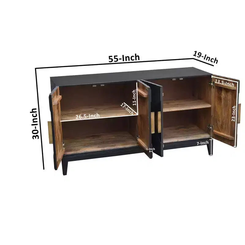 Buffet console de 55 pouces avec armoire à porte, poignées en laiton taillées en forme de diamant