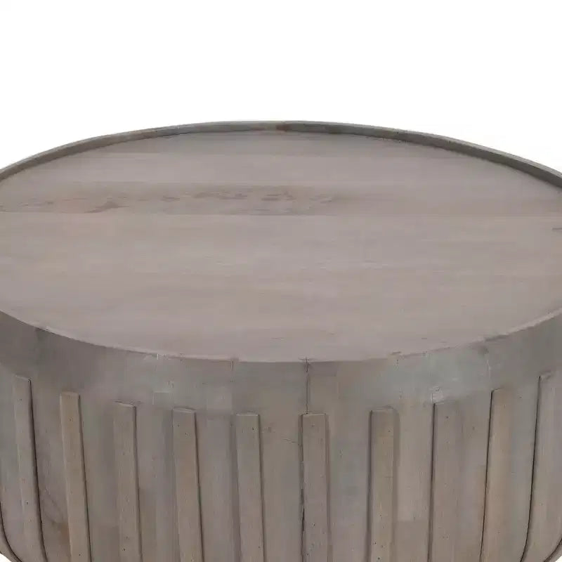 Table basse de 36 pouces, forme de tambour fabriquée à la main avec bords nervurés, en bois de manguier