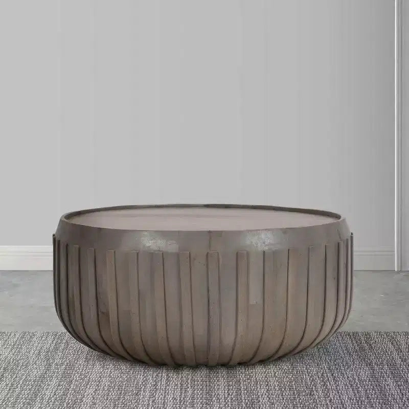 Table basse de 36 pouces, forme de tambour fabriquée à la main avec bords nervurés, en bois de manguier